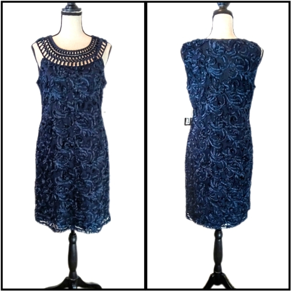 NWT Stunning Jessica Howard Navy Latticework Collar 3D Ribbon Dress Size 8P.